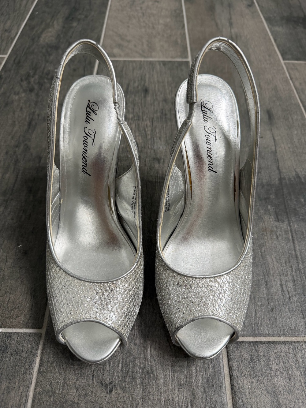 Lulu Townsend Metallic Silver Peep-Toe Slingback Heels